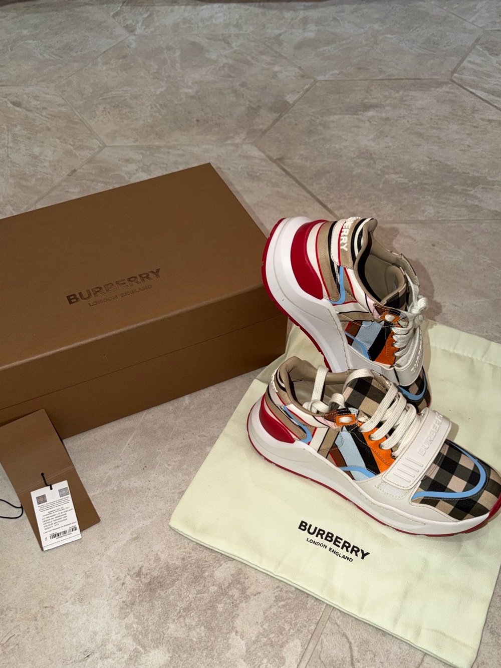 Burberry Women’s Plaid Sneakers with Orange and Red Accents - Picture 3 of 10